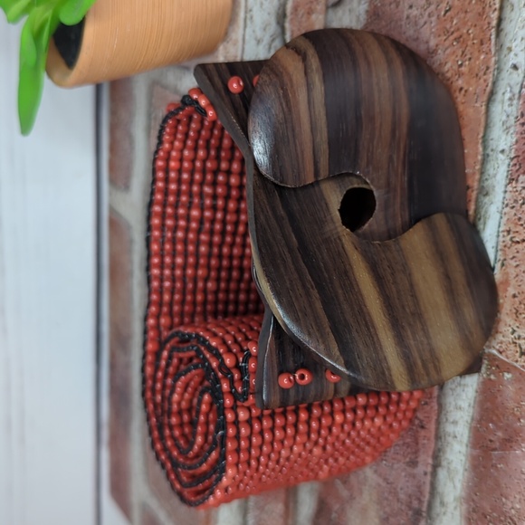 Vtg Glass Bead Wood Stretchy Elastic Belt Burnt Orange‎ Belt Women OS Bohemian main image 2